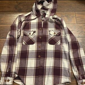 Express Men's Burgundy Plaid Hooded flannel Shirt
